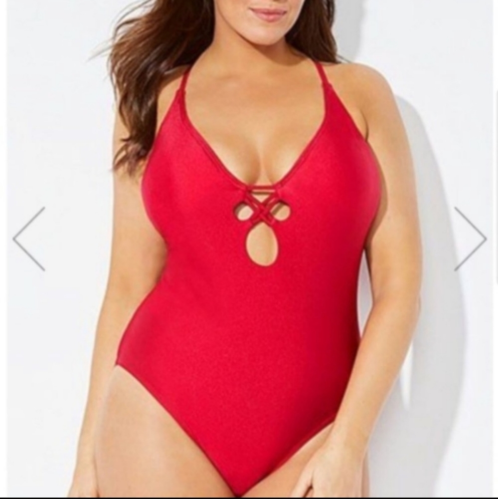 NWT swimsuit for all red one piece swim keyhole details strappy cups size 12